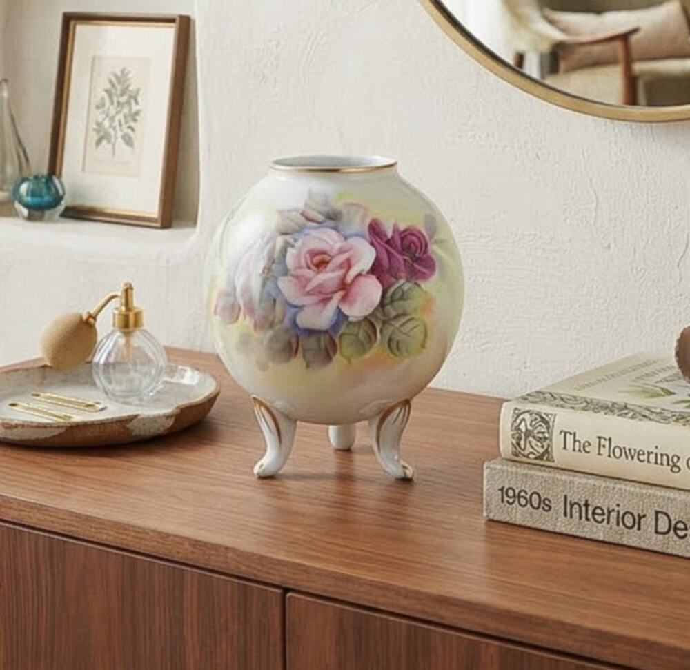 Vintage Victorian/Shabby Chic/Cottage Hand Painted Porcelain Footed Ball Vase